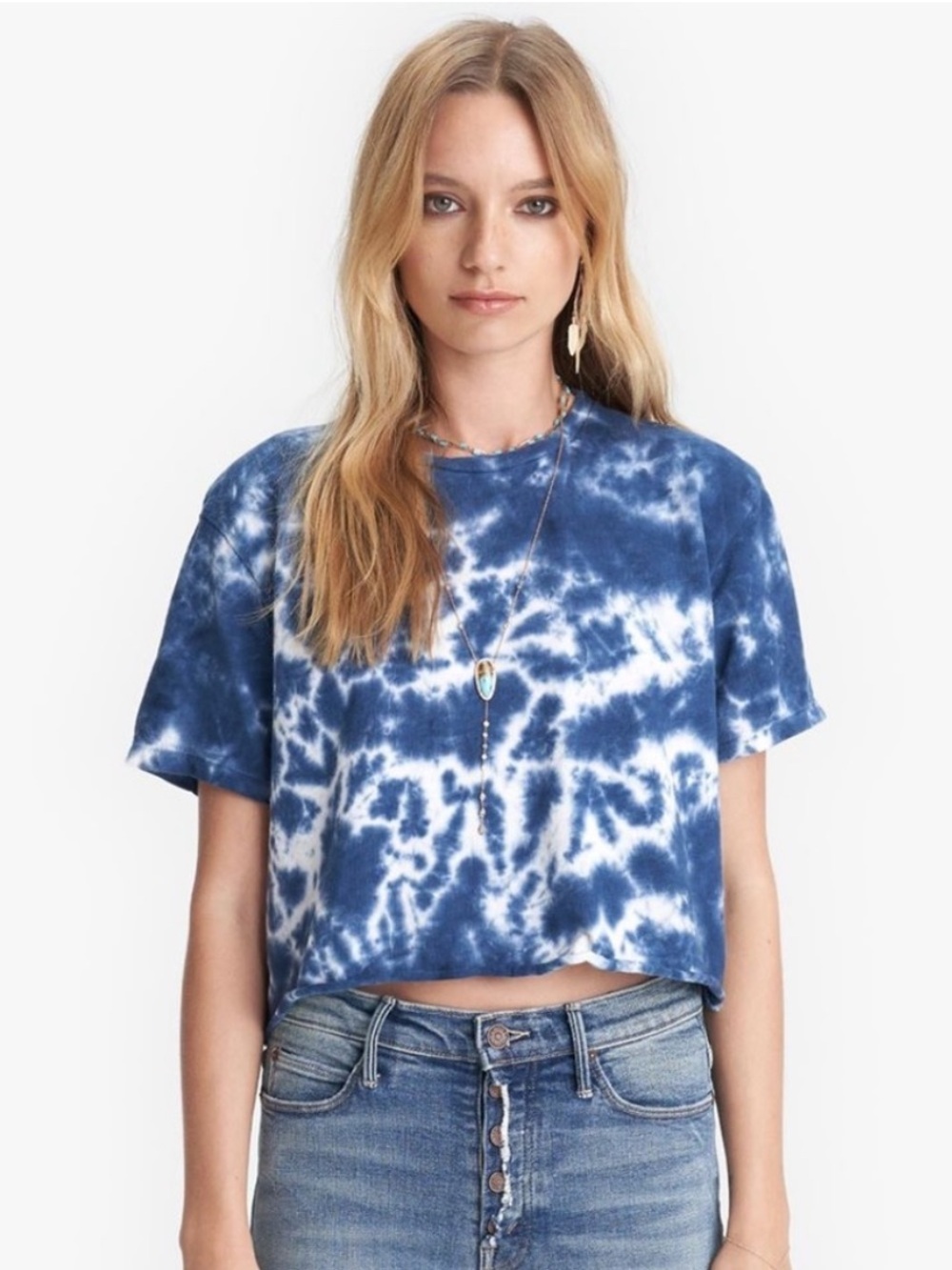 Mother The Slouch Cutoff Tee Deep Ultramarine Blue White Tie Dye Size XS